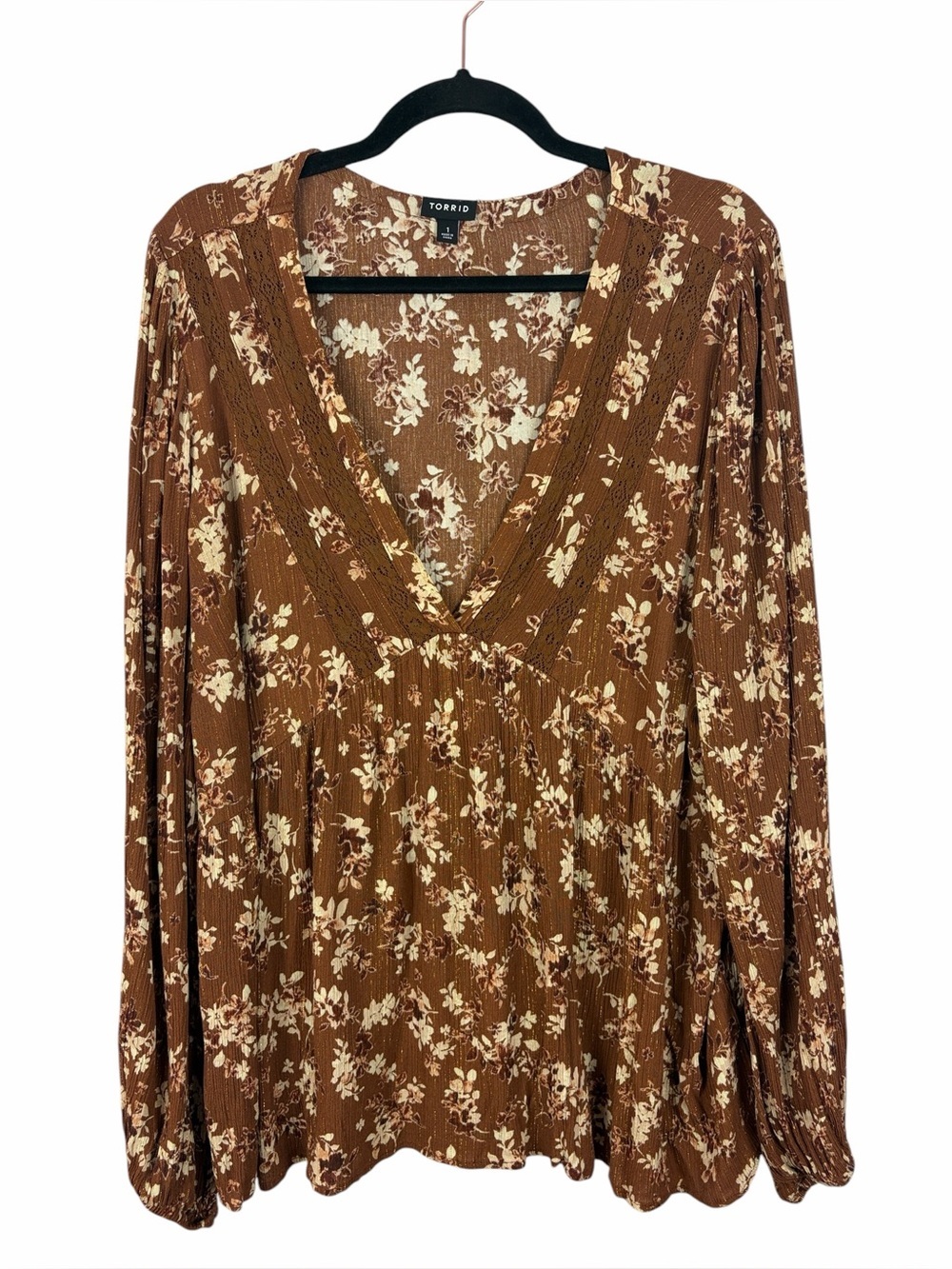 Torrid Floral Peasant Boho Blouse Size 1X Brown Cream Long Sleeve Top